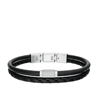 Armband FOSSIL "Schmuck Geschenk Edelstahl Leder Armschmuck Armkette Machine", schwarz (schwarz, edelstahlfarben), Armbänder, Damen, 21,5cm, Edelstahl Leder, Edelstahl, Leder, Armband