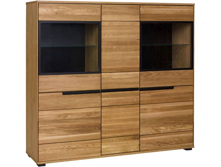 Highboard HOME AFFAIRE, braun, B:162,5cm H:146,5cm T:40,5cm, Holz teilmassiv, Sideboards, Highboard, Aluglastüren in Schwarz, Türen mit dampfer, dunklen Innenrückseite
