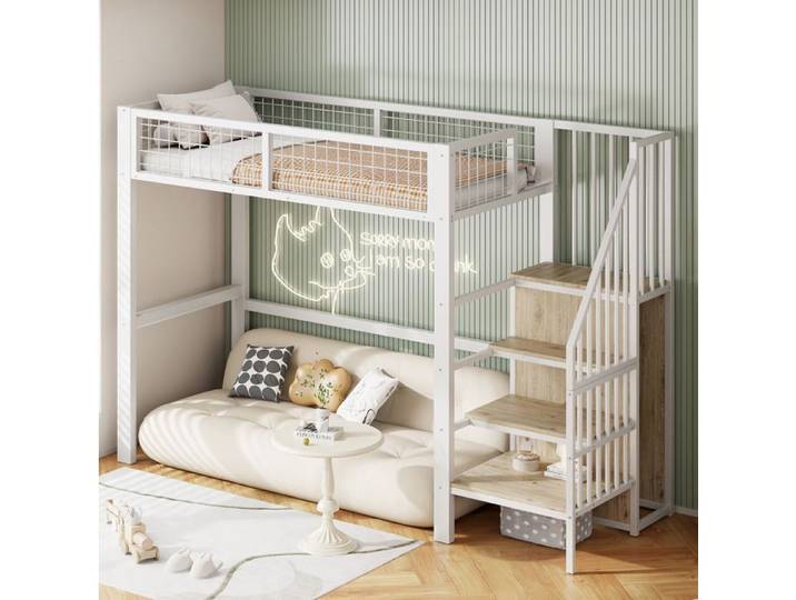 Lit surélevé 90x200cm blanc avec échelle sécurité cadre métal & Kleiderschrank