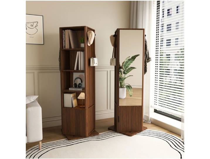 MEUBLIV Armoire miroir rotative 4-en-1 rangement bijoux bibliothèque ouverte patères MDF noyer
