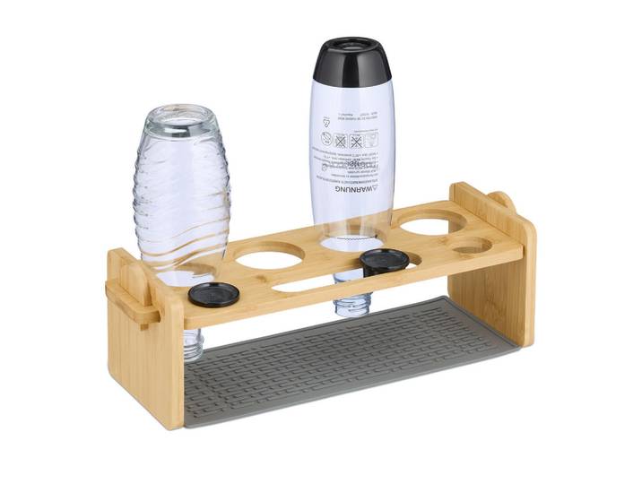Relaxdays Flaschenabtropfer Natur Grau Bambus mit Silikonmatte für 4 Flaschen, Hellbraun, Holz, Kunststoff, 43x14x14.5 cm, Küchenzubehör, Küchenhelfer, Küchenutensilien