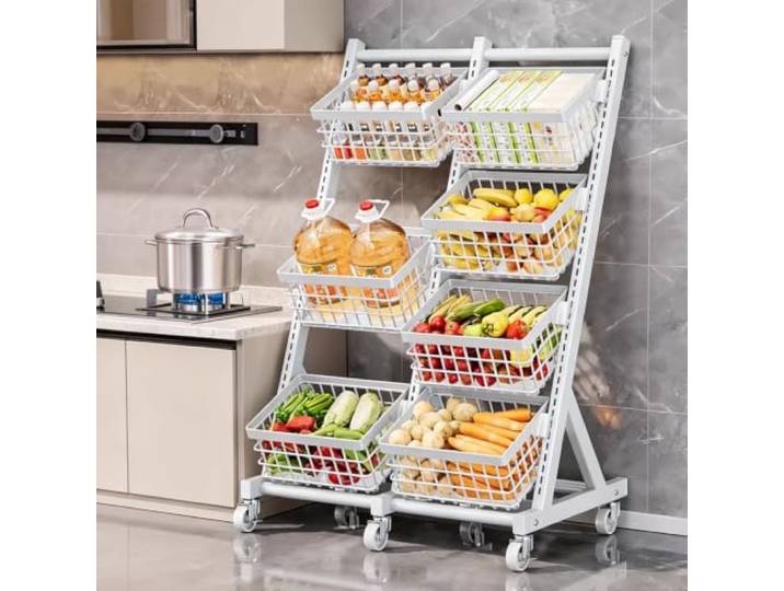 XINMAIZI 3/4-stöckiges Verkaufsregal, Supermarkt-Snackregal mit Rollen Freistehendes großes Metallregal für Süßigkeiten und Snacks sowie Display-Regale für Laden Küche(7 baskets)