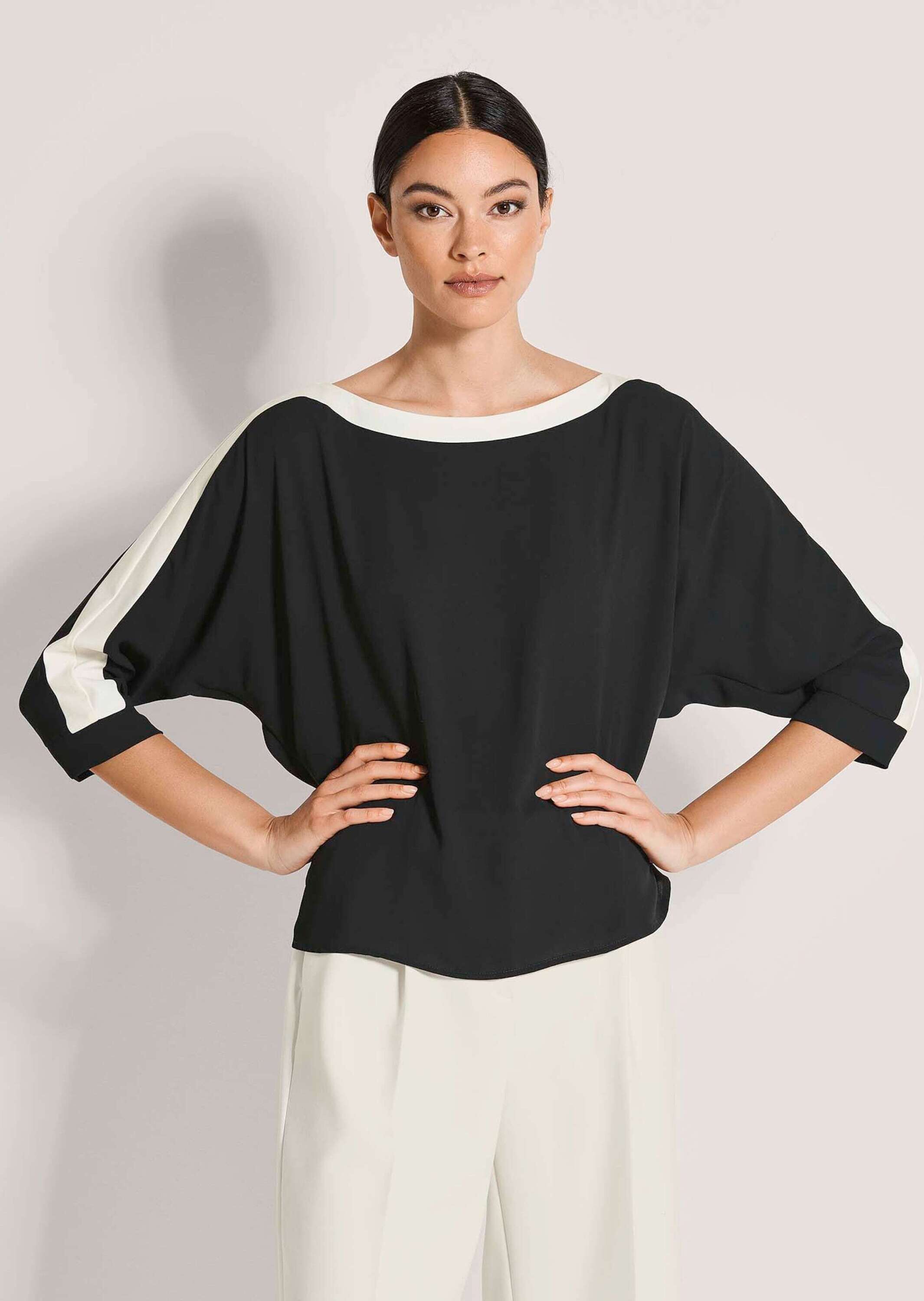 Langarmbluse MADELEINE "Blusenshirt Businessbluse im Colour Blocking-Stil", Damen, Gr. 34, schwarz (schwarz, wollweiß), Obermaterial: 100% Polyester PES., Modern, figurumspielend, U-Boot-Ausschnitt, Blusen Langarmbluse, Colourblocking