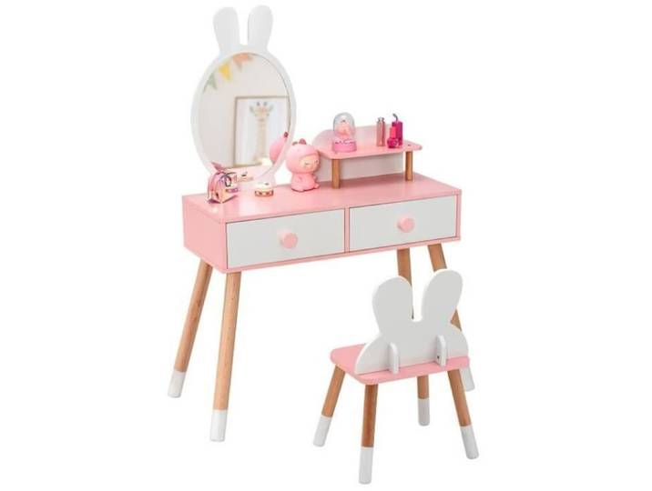 DREAMADE Coiffeuse Enfant 2 en 1 avec Miroir Amovible et Tabouret Tiroirs Doubles et Etagère Supplémentaire Charge 50 KG Blanc