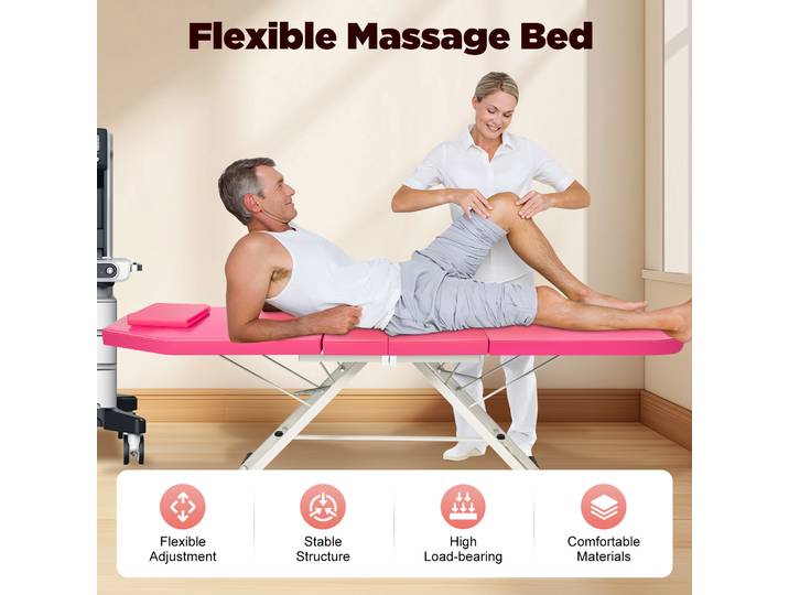 Table de massage pliable rose, table réglable en mousse PU, capacité de charge de 200-250 kg avec oreiller pour salon de beauté et thérapie de massage à domicile