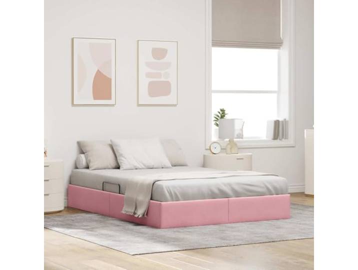 RJPLMFV Bettgestell, Ottoman, Velours, Rosa, 140 x 200 cm Hydraulische Aufbewahrung, thermolackiertes Metall, quadratische Griffe, Pflege für Trockentuch