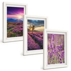 BILDER SET 3er Set - 20x30 cm Weißer Rahmen - Sonnenuntergang auf Lavendelfeldern