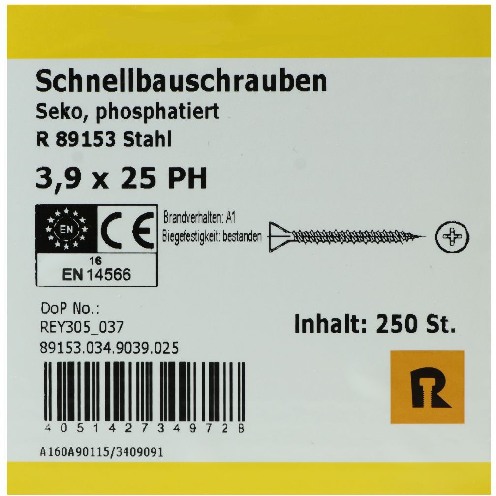 REYHER Schnellbauschrauben für Faserplatten auf Holz und Metall bis 0,6 mm, HiLo-Gewinde, PH2, 3,9 x 25 mm, 250 Stück