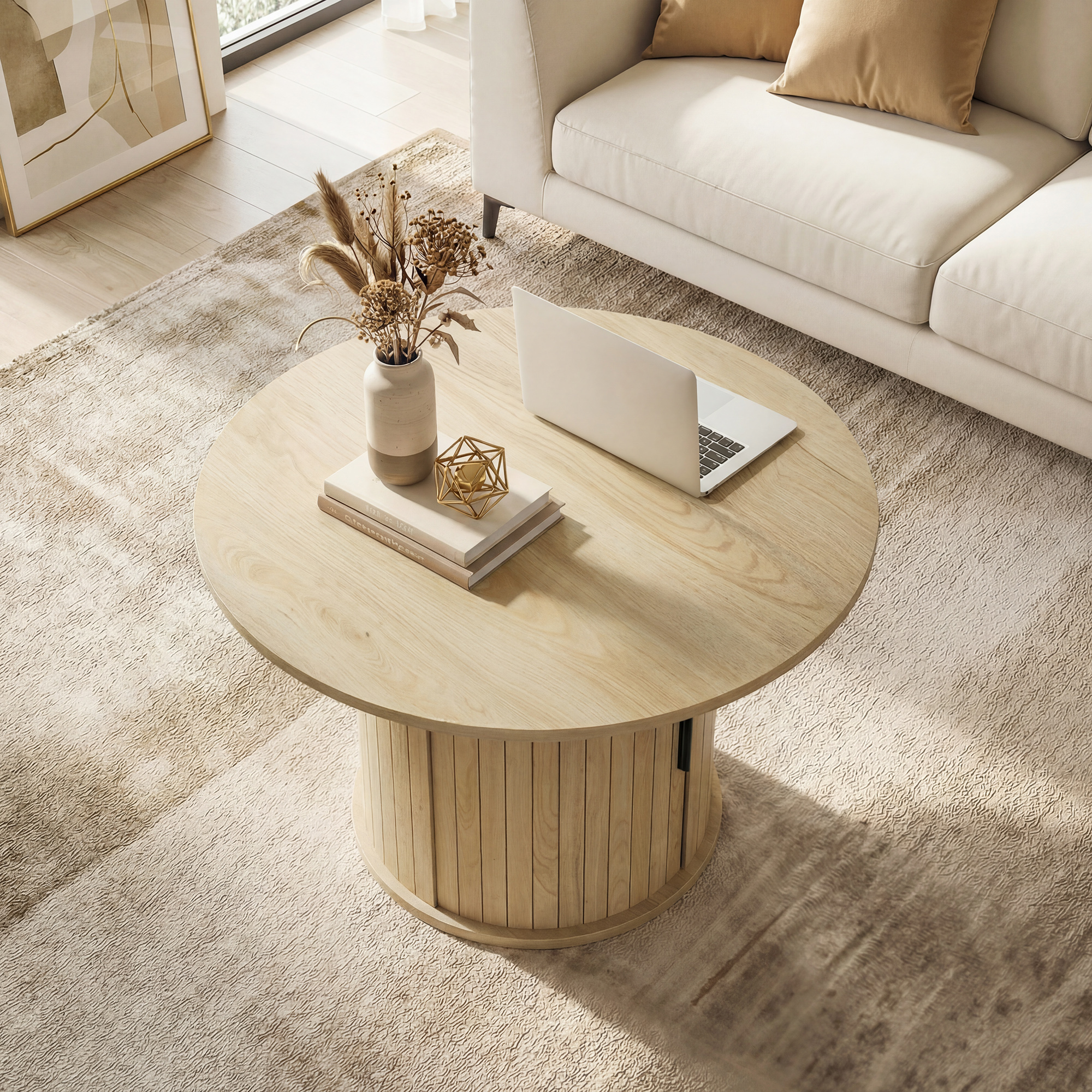 Homcom Tavolino da Caffè Rotondo Ø80 cm con Vano Portaoggetti, Tavolino Salotto Moderno con Base a Colonna Dogata, Legno Naturale   Aosom Italy