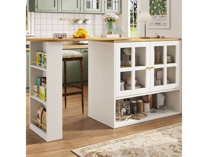 VUENOR Îlot central extensible 138-204 cm rotatif 360° blanc avec portes vitrées