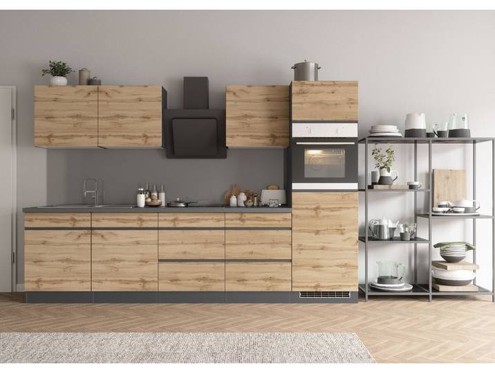 Küchenzeile KOCHSTATION KS-Riesa , grau (küche: natur, front: wotaneiche, korpus: grafitgrau, arbeitsplatte: betongrau), B:300cm H:200cm T:60cm, Komplettküchen-Sets, Küchenzeile, Stellbreite 300 cm, ohne E-Geräte