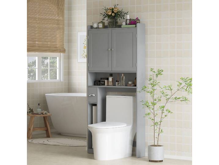 HOMCOM Meuble WC Gris 2 Portes 3 Compartiments 80x19,5x170cm