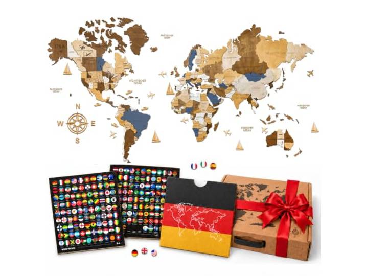 WOW WOOD Bunte Weltkarte mit Pins auf Deutsch - Ein Geschenk für Kinder Weltkarte aus Holz zum Pinnen fürs Kinderzimmer, Kontinente in Farbe, 120x62 cm, 324 Flaggen-Pins, Geschenk zum Geburtstag
