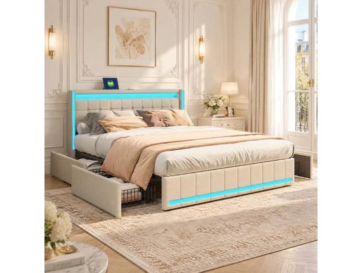 Lit Coffre 160x200cm avec 4 Tiroirs de Rangement Lit double avec Charge USB Lit adulte avec LED Design Élégant Lin Beige