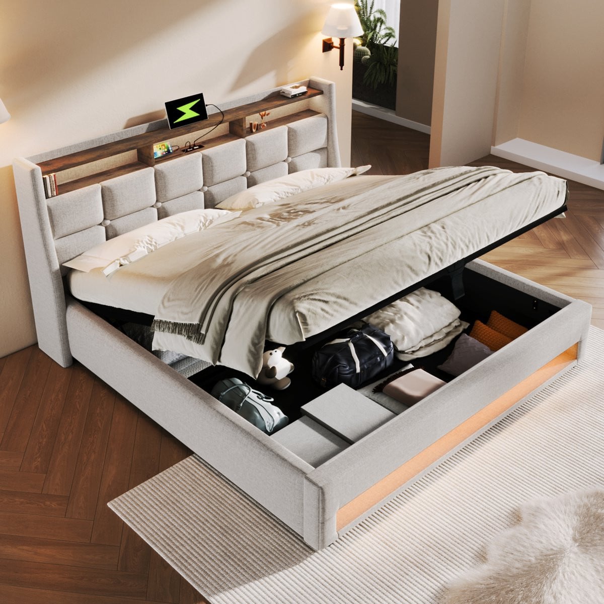 MODFU Bedframe met LED-verlichting, USB-poort en hydraulische opbergruimte, beige linnen, 140x200 cm