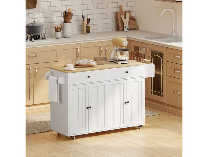 HOMCOM Îlot de Cuisine Roulant Blanc avec Rangement et Accessoires