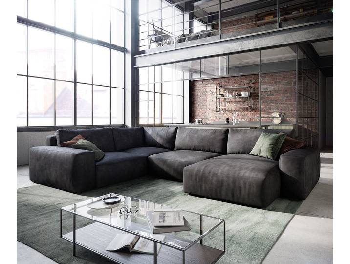 DELIFE Wohnlandschaft Lanzo 300x210 cm Lederimitat Vintage Anthrazit Recamiere variabel, Wohnlandschaften