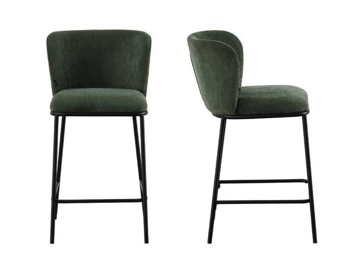 Lot de 2 tabourets de bar en velours côtelé vert kaki piètement noir - Toma