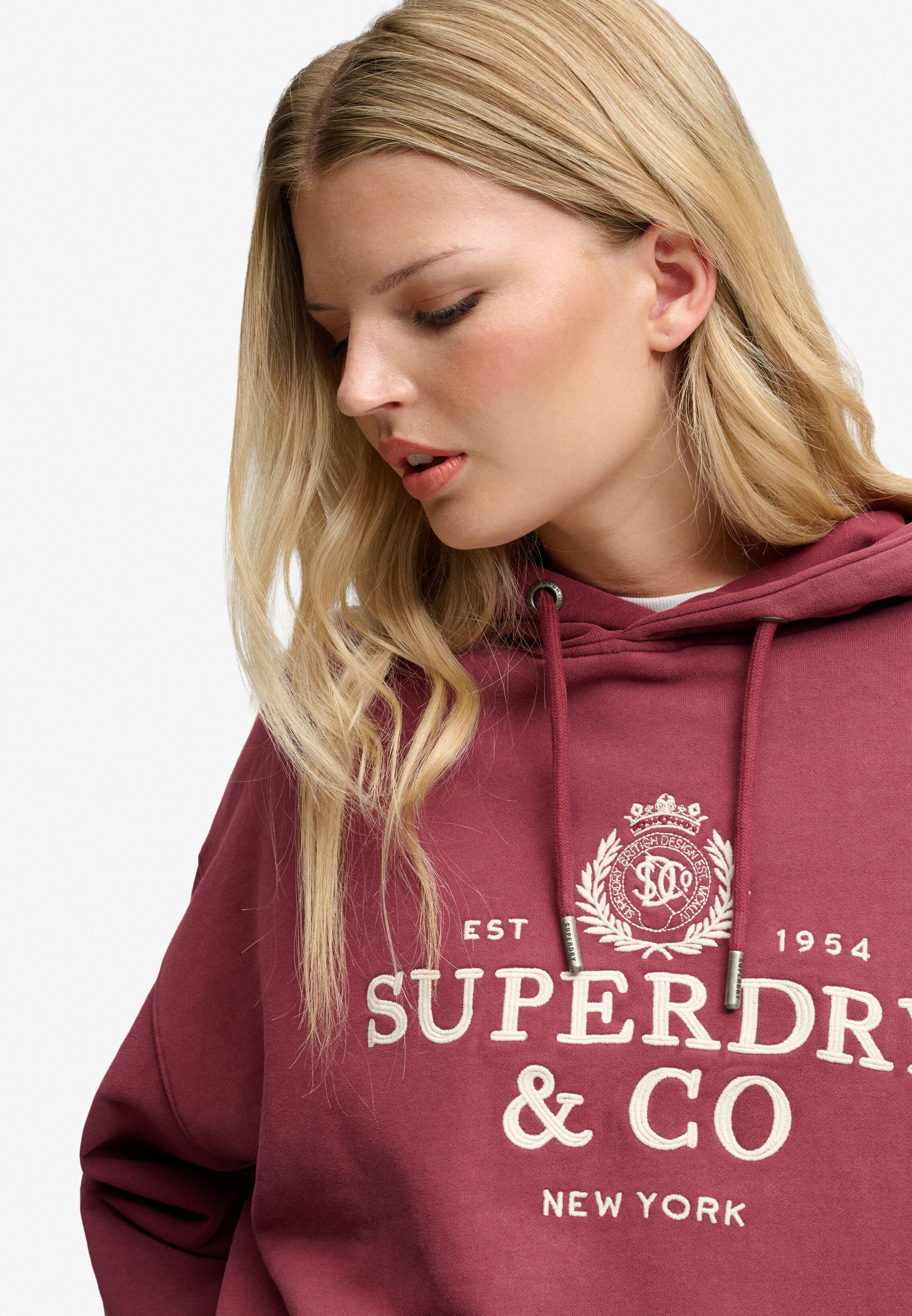 Kapuzensweatshirt SUPERDRY "Luxe Casual Emb Relaxed Hood", Damen, Gr. L, rot (stanton rot), Sweatware, Obermaterial: 100% Baumwolle, bedruckt, normal, Rundhals, Rippbündchen, Sweatshirts Kapuzensweatshirt, Baumwolle, oversize stanton rot L
