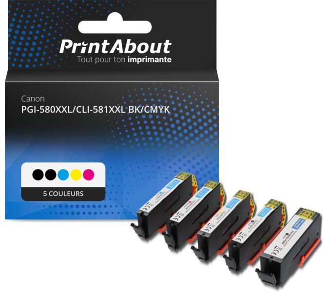 PrintAbout Cartouche compatible Canon PGI-580XXL PGBK/CLI-581XXL BK/CMYK - 5 couleurs - Très grande capacité - Multipack 5 couleurs