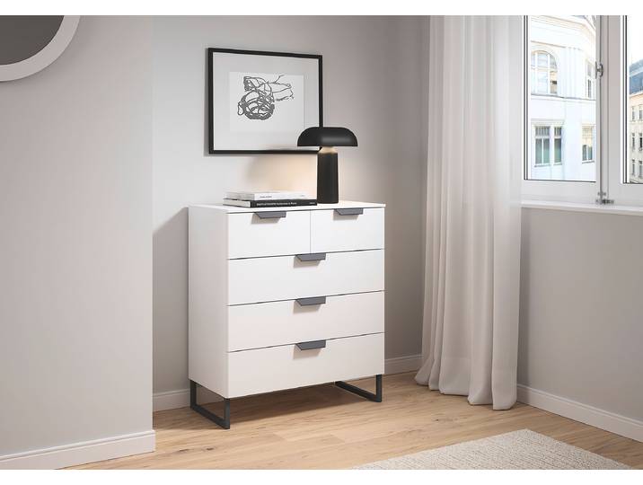 Kommode Aditio mit Schubladen & Kufen 80 x 92 x 44cm Weiß/Alpinweiß