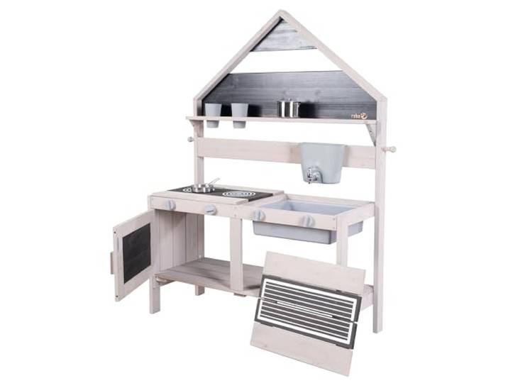 roba Modderkeuken in Huisvorm – Outdoor Speelkeuken met Accessoires, Waterreservoir & Speelbak – FSC-gecertificeerd Massief Hout – vanaf 18 Maanden – Grijs