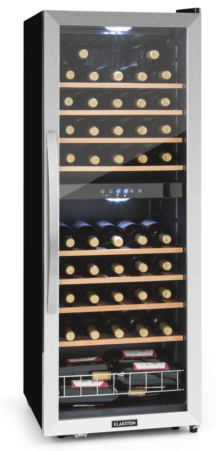 Klarstein Weinkühlschrank, 2 Zonen Getränkekühlschrank Schmal, Outdoor-Kühlschrank mit Glastür, Flaschenkühlschrank Klein mit UV-Schutz, Weinschrank für Getränke, Leiser Weinkühler 5-18°C, 54 Flaschen