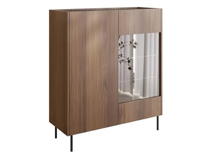 Mirjan24 Standvitrine Tewos W97 mit Glastür und Einlegeböden, Schrankvitrine, Standvitrine, gedämpftem Schließsystem (Nuss Warmia + Marmor Schwarz)