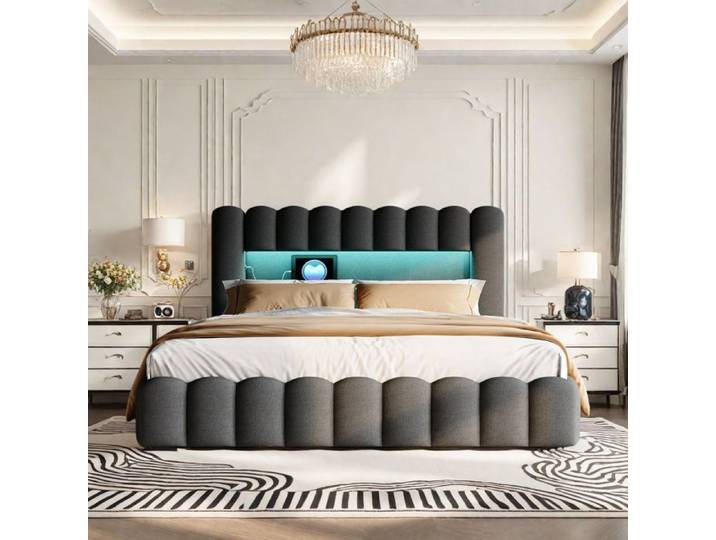 Lit Coffre Capitonné 180x200 Lits 2 Personnes avec Rangement et Tête de Lit Lit Capitonné avec LED et USB Cadre de Lit Lin Gris