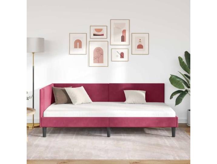 KTHLBRH Eck-Bettrahmen Samt Weinrot 90 x 190 cm 2-in-1-Schlafsofa, robustes Sperrholz, platzsparendes Design, verstellbares Kopfteil