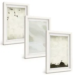 BILDER SET 3er Set - 20x30 cm Weißer Rahmen - Vögel, Steine, Pinselstriche, Verzierungen