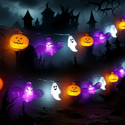 Evergreen Home Goods Battery Powered LED Halloween String Lights, Featuring Bats, Ghosts, And Pumpkins, For Party, Home, And Bedroom Decor 6m 40led