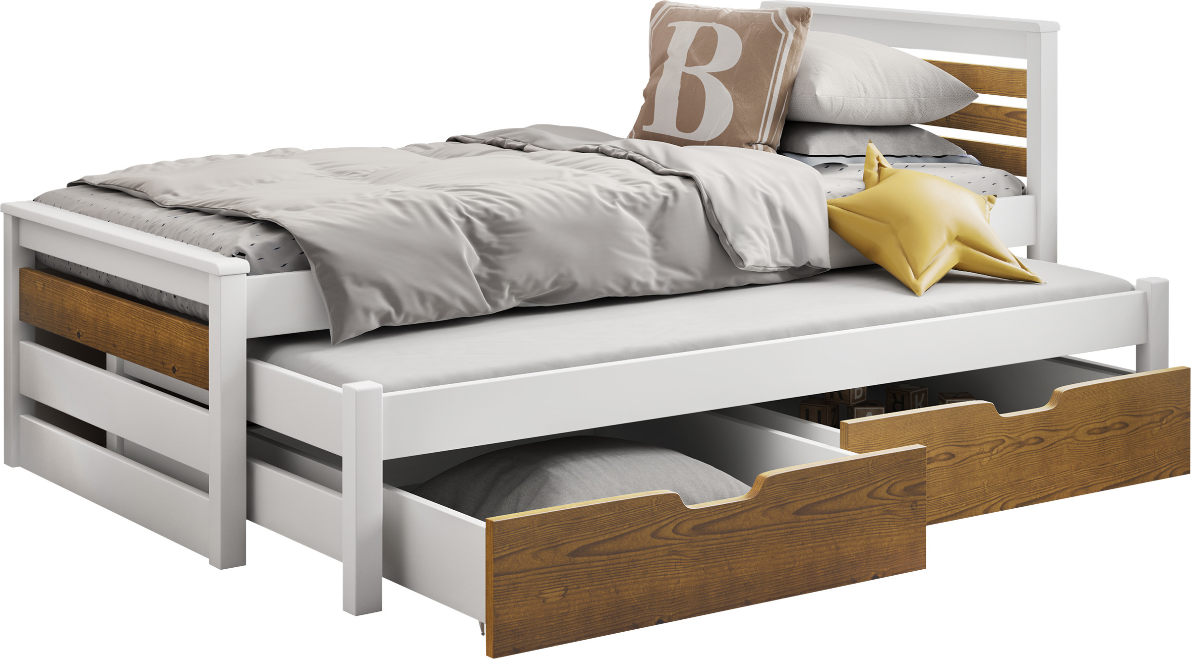 MIRJAN24 Kinderbett mit Ausziehbett Calwin 80, Bett mit Lattenrost, Holzkonstruktion, Kinderzimmerbett (Farbe: Weiß / Eiche, Größe: 80x180 cm)