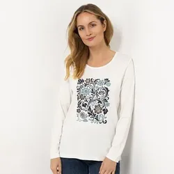 DENIM & CO. Shirt Rundhalsausschnitt Seitennahtschlitze platzierter Druck