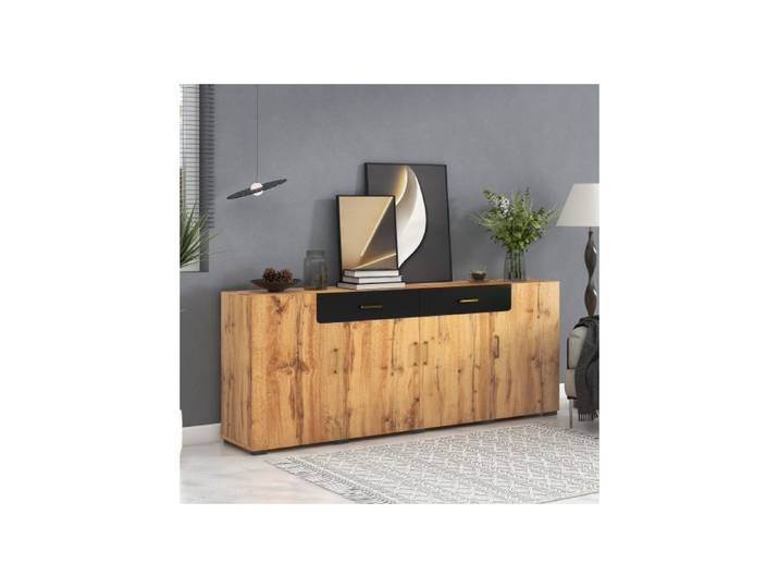 Buffet / Sideboard - MUVOE - 208 x 39.5 x 80 cm - 4 portes - 2 tiroirs - Aspect bois MDF