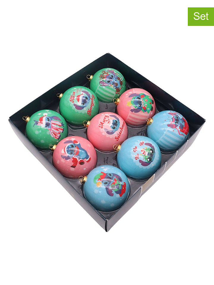 Christmas Inspirations 9er-Set: Christbaumkugeln "Stitch" in Hellgrün/ Rosa/ Hellblau - Ø 7,5 cm - onesize