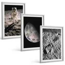 BILDER SET 3er Set - 40x60 cm Silberner Rahmen - Astronautenfoto vom Mond