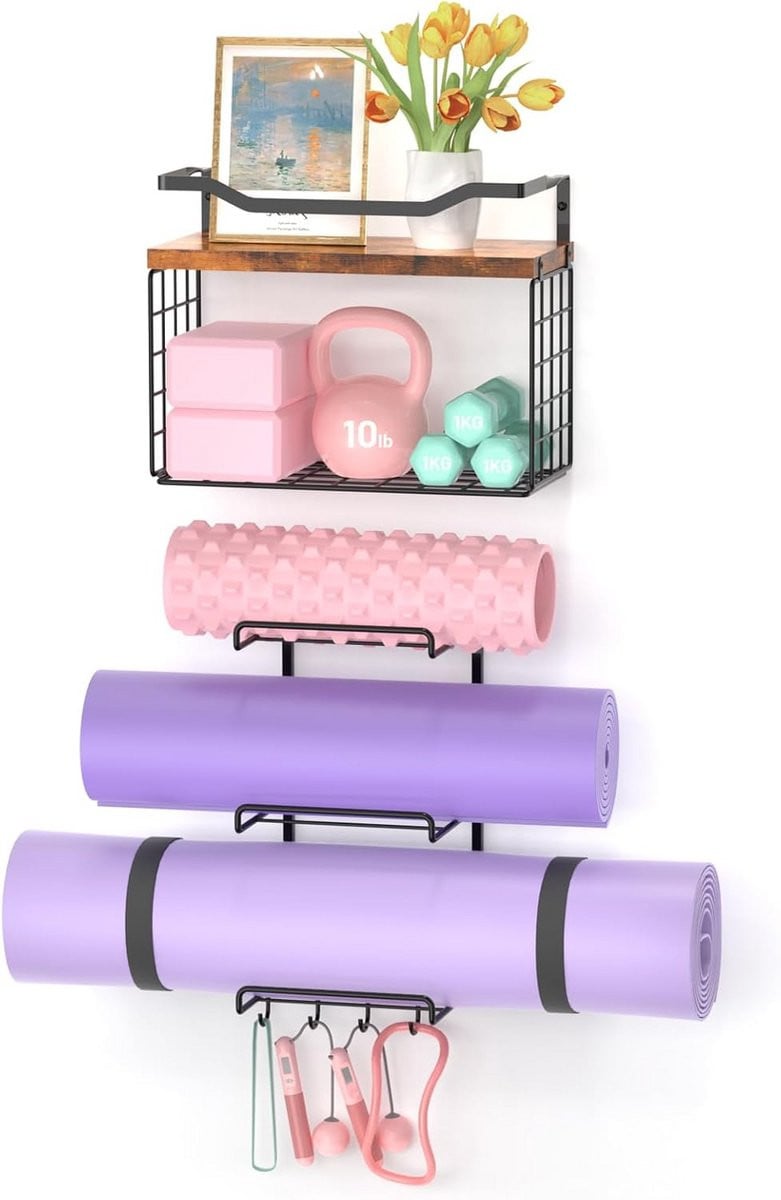Wandmontage Yogamat Houder met Opbergrek en Haken voor jouw Home Gym
