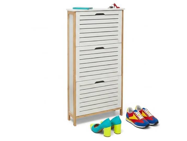 Relaxdays Schuhschrank, HxBxT. 108,5x53x19 cm, Schuhaufbewahrung, schmaler Schuhkipper, Flur Schuhkommode, weiß/Natur