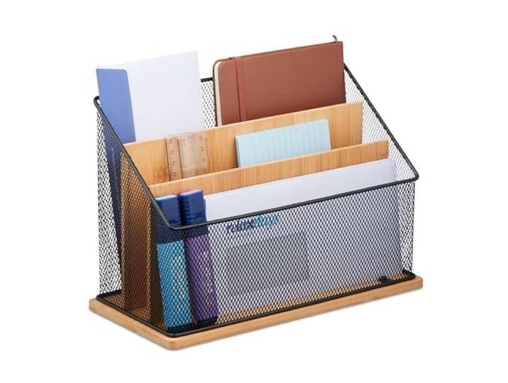 Relaxdays Porte-documents\, 3 compartiments\, métal & bambou\, rangement pour lettres\, HxLxP: 20x29x14 cm\, nature - noir