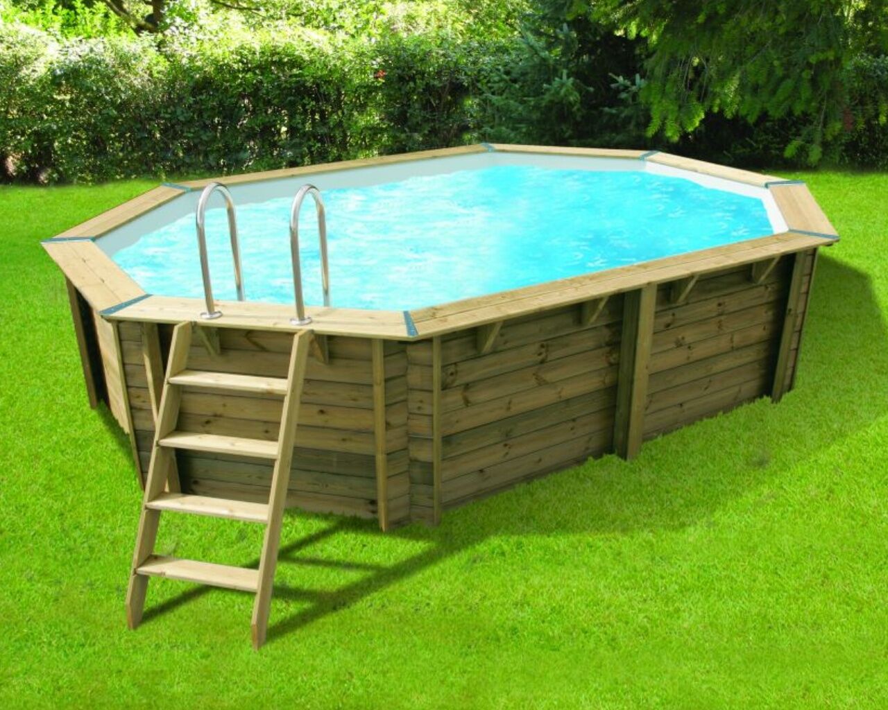 Piscine bois Ubbink AZURA octogonale allongée 355x490x130cm liner bleu