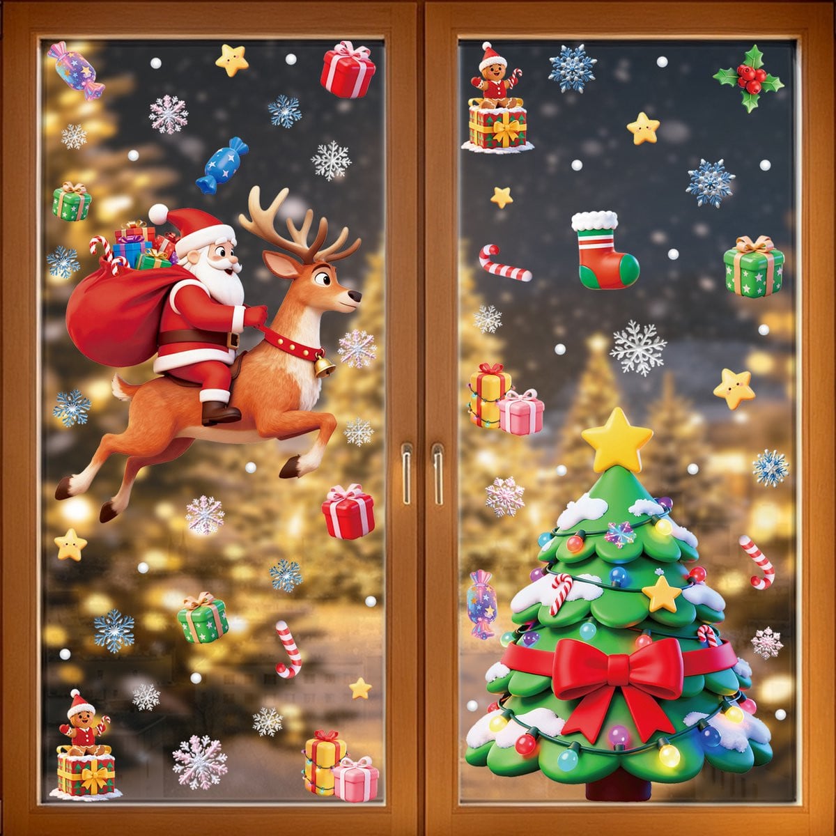 Set van 2 vellen kerst statische raamstickers met kerstman op rendier en kerstboom