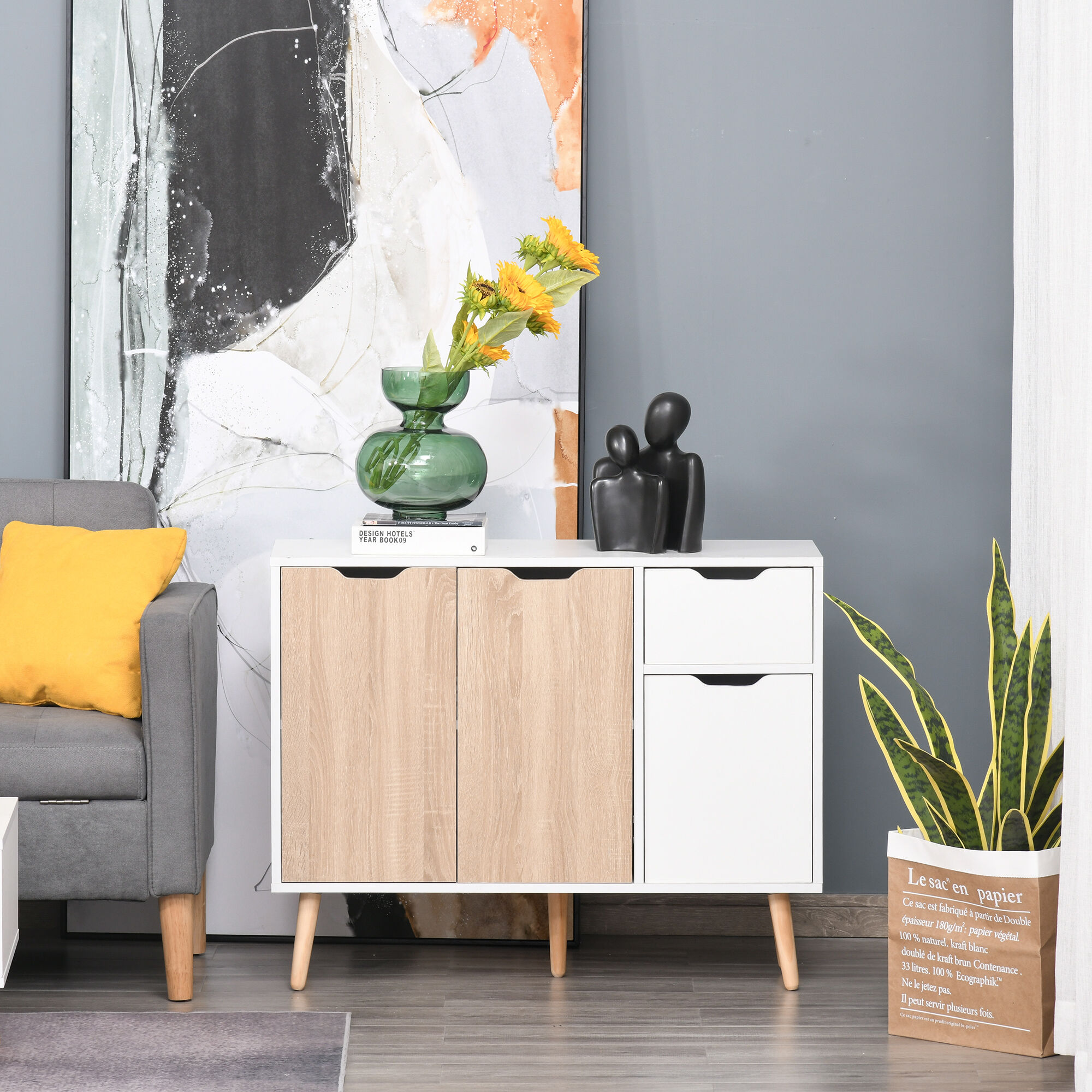 Altro Mobile Multiuso In Legno Con Cassetto E Armadietti In Stile Nordico, 90x30x72cm