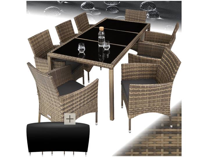 Rattan Sitzgruppe 8+1 mit Schutzhülle - natur/dunkelgrau