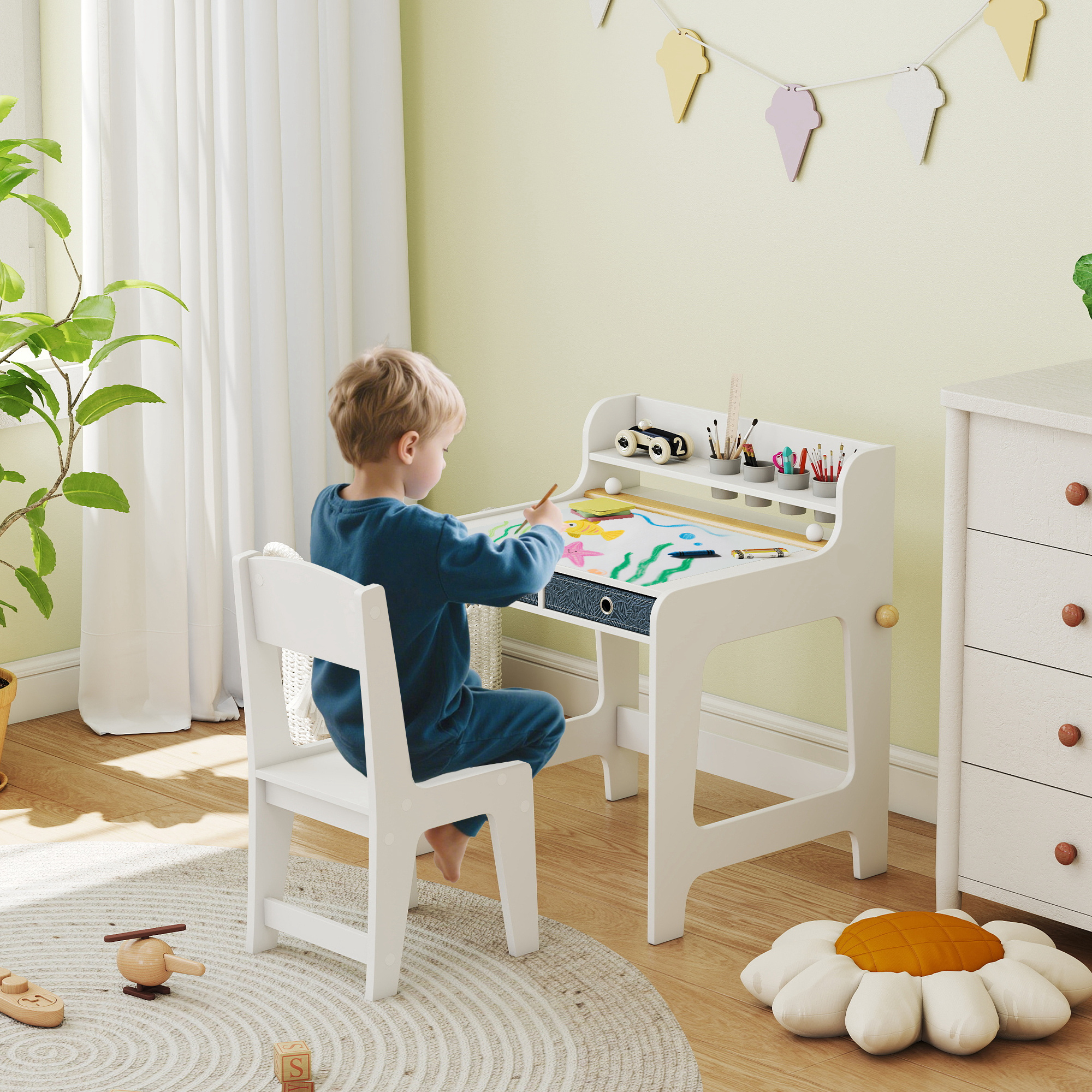 Aiyaplay Set Scrivania e Sedia per Bambini con Ripiano, Portabicchieri, Cassetti, Ragazzi in Legno per Cameretta   Aosom Italy