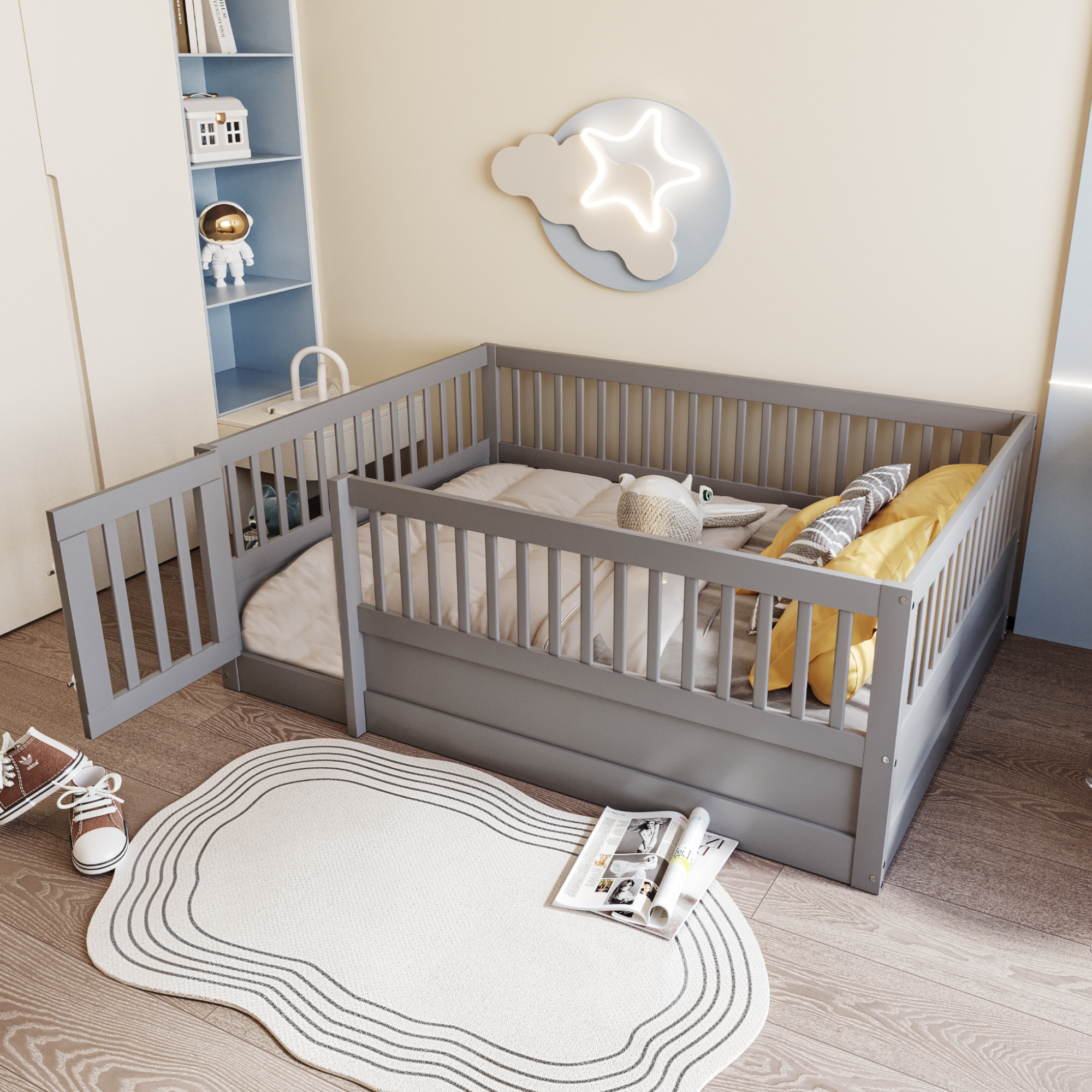 MODFU Kinderbett 140 x 200 mit Matratze,Holzbett mit Gitter und Tür,Jugendbett mit Holzbettgestell,Grau