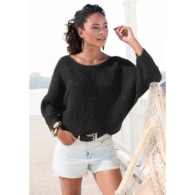 Fledermauspullover LASCANA "mit aufwendigem Strickmuster, Lochstrickmuster", Damen, Gr. 44/46, schwarz, Strick, Obermaterial: 60% Baumwolle, 40% Polyacryl, unifarben, figurumspielend hüftlang, U-Boot-Ausschnitt, Fledermausärmel, Pullover, modischer...