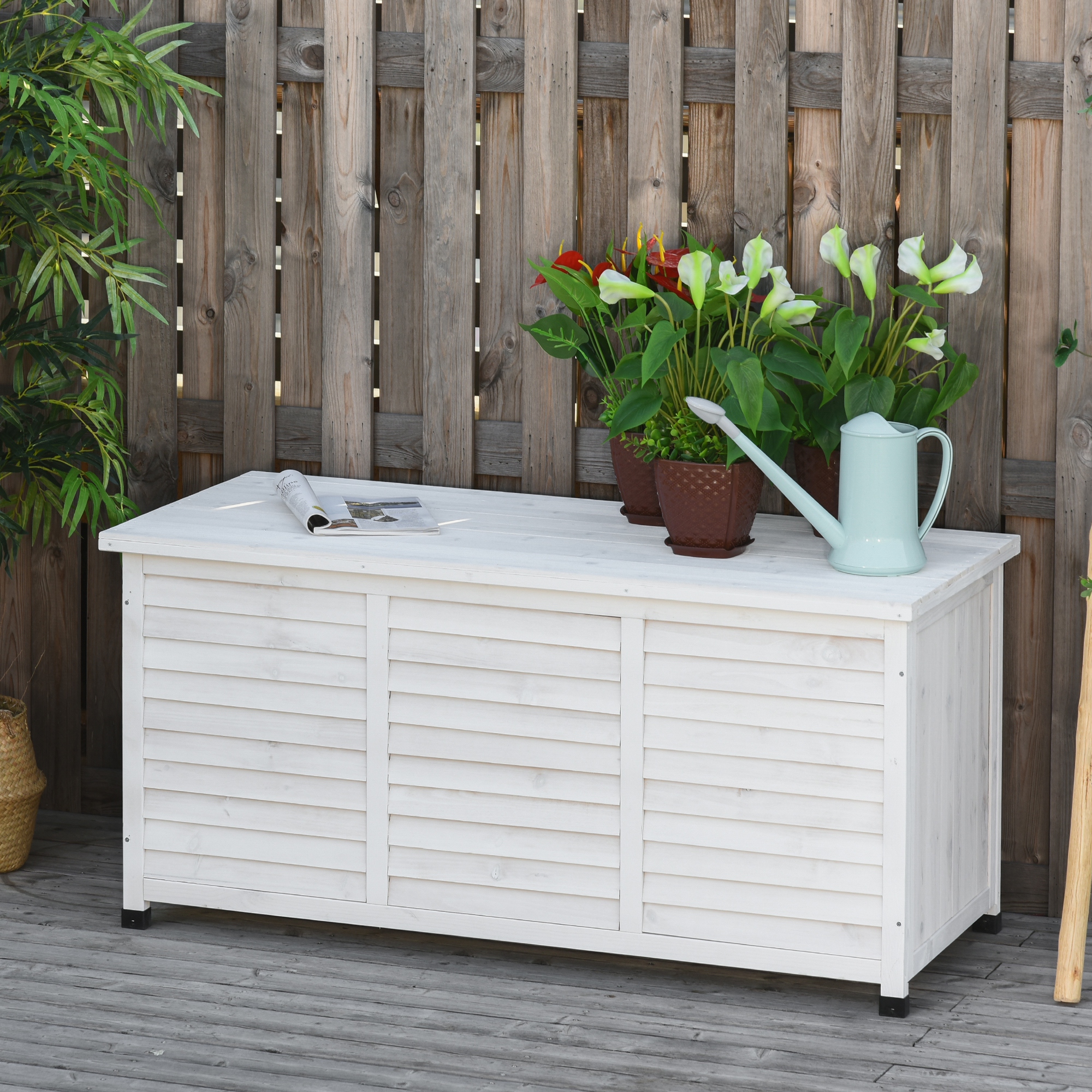 Outsunny Panca Contenitore in Legno di Abete, Cassapanca da Esterno con Piedini Antiscivolo 127x56x60cm Bianco Aosom