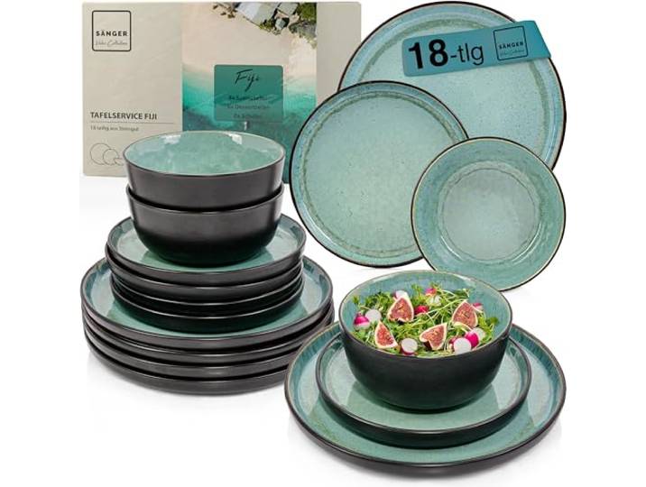 SÄNGER Fiji Steingut Geschirr Set 18 tlg, Teller Set 6 Personen 6x Speiseteller 6x Müslischalen 6x Dessertteller, Tafelservice dunkelgrün kratzfest, Essgeschirr
