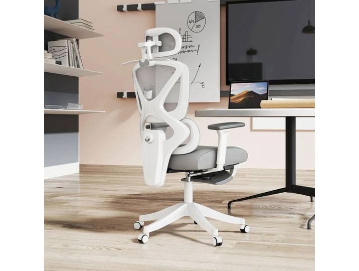 Chaise de bureau - HOMCOM - Maille grise - Inclinable 135° - Appui‑tête & lombaire réglables
